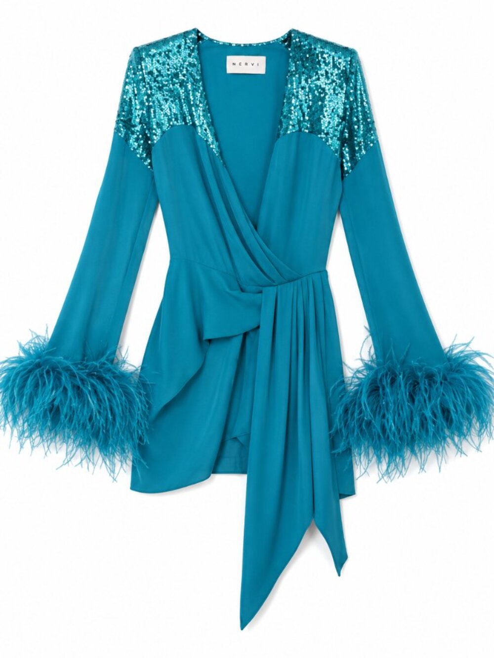 NWT Nervi Pami Teal Mini Dress with Sequin & Ostrich Feather Cuffs - Picture 1 of 12